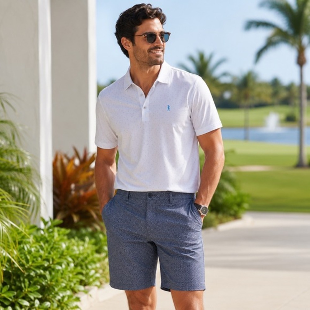 johnnie-O Mens‎ 33 Performance Golf Shorts Blue White Stretch Flat Front Casual
